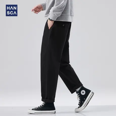 hansca直筒休闲裤男新款秋季宽松潮牌日系工装裤黑色运动休闲长裤商品大图