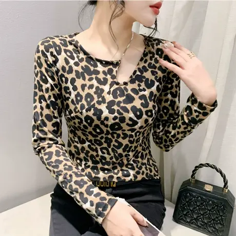 性感不规则链条圆领T恤女长袖欧货洋气露锁骨上衣修身显瘦打底衫商品大图