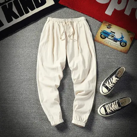 新款简约休闲男士亚麻裤系绳宽松透气棉麻料青年潮流加大码长裤子商品大图