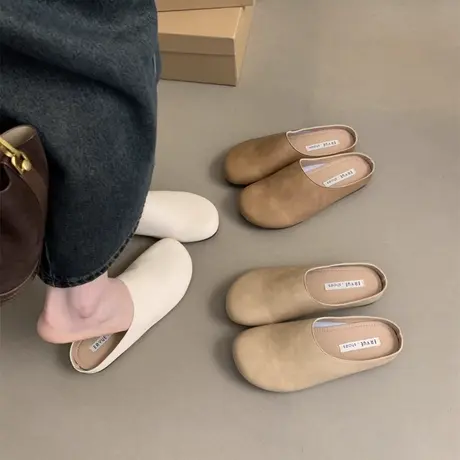 包头半拖鞋女外穿勃肯拖春秋新款文艺复古仙女风软皮平底穆勒单鞋商品大图