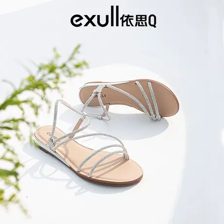 依思q一字带水钻凉鞋女款夏季2024新款百搭仙女海边配裙子低跟鞋图片