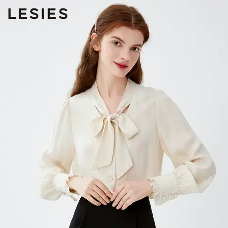 蓝色倾情春夏季女装新款米色立体波纹上衣系带单排扣轻职业衬衫图片