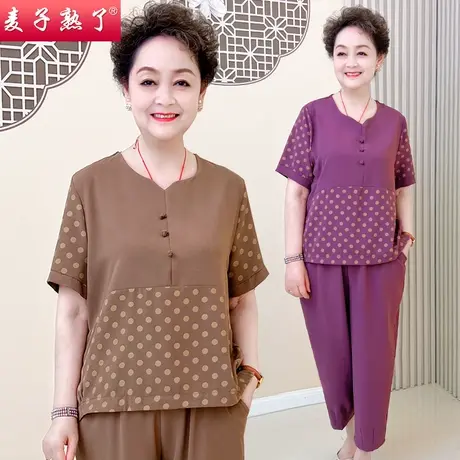 妈妈夏装短袖套装洋气宽松绵绸两件套t恤上衣50岁60中老年人女装商品大图