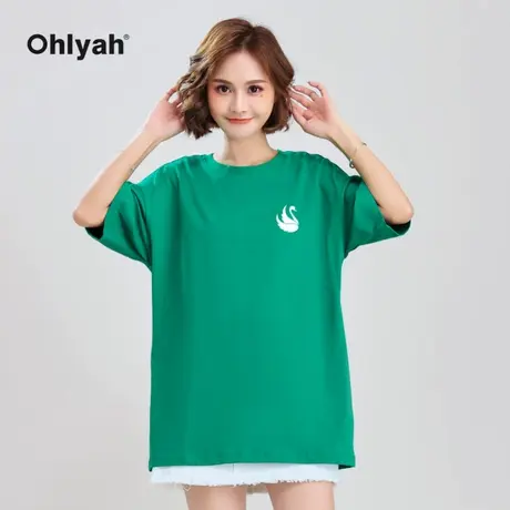 Ohlyah品牌 纯棉t恤女韩版2023春夏新款oversize大板宽松绿色圆领图片