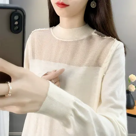 半高领镂空打底衫秋装女2023年新款洋气钉珠长袖针织衫内搭上衣女商品大图