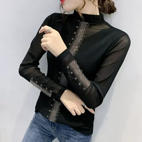 加绒加厚打底衫女内搭性感网纱T恤长袖秋冬重工烫钻半高领上衣ins商品大图