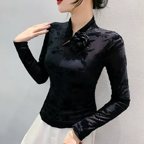设计感立领盘扣上衣女秋季复古国风网纱T恤长袖ins内搭修身打底衫商品大图