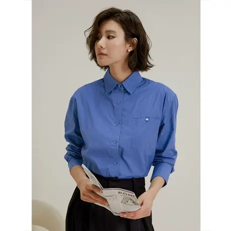 弥古蓝色通勤女士衬衫气质高级感长袖秋季中长款休闲衬衣内搭上衣商品大图