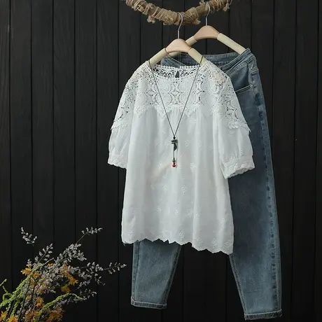拼接蕾丝镂空上衣女夏季新品设计感小众短袖衬衫宽松显瘦套头衬衣商品大图