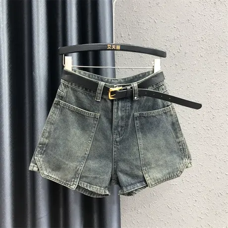 个性外露直插口袋牛仔短裤女2023夏季新款欧货高腰a字阔腿裤热裤商品大图