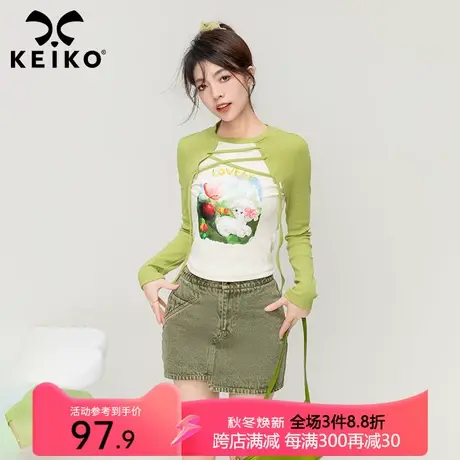KEIKO美式撞色插肩长袖t恤早秋多巴胺穿搭卡通印花防晒上衣打底衫图片