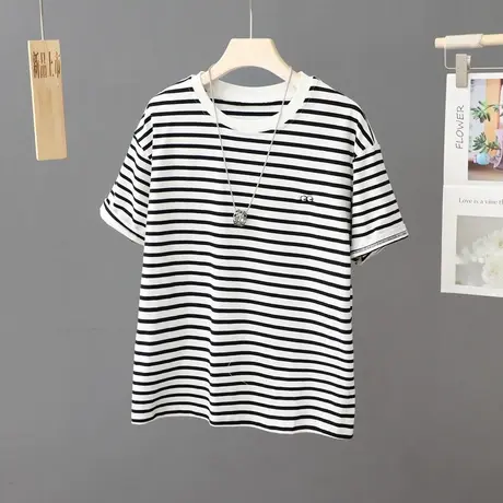 文艺条纹刺绣短袖T恤女2023年夏装新款宽松圆领套头打底体恤上衣图片