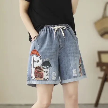 松紧腰刺绣牛仔短裤女夏季2023新款网红爆款设计感宽松阔腿热裤子图片