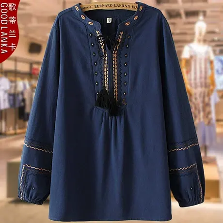 大码女装中老年胖妈妈春装衬衣上衣宽松洋气棉麻刺绣V领衬衫200斤图片