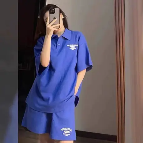 网红港风运动服套装女夏季薄款时尚洋气polo衫短袖短裤休闲两件套商品大图