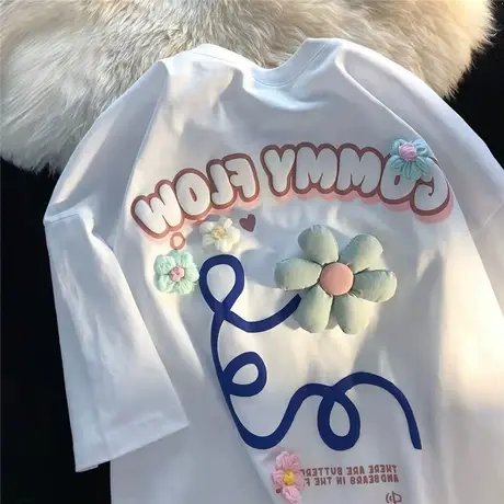 可爱奶油蓝立体花朵短袖t恤女2022新款夏季设计感别致情侣装上衣商品大图