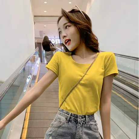 短袖t恤女2023年新款修身纯色打底衫气质夏装白色上衣短袖t恤女潮图片