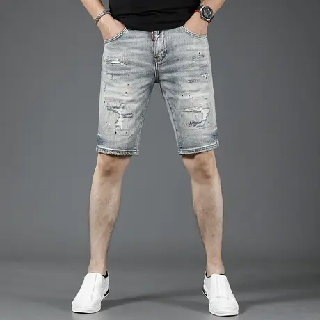 破洞补丁泼墨牛仔短裤男夏季五分裤修身弹力潮流男士中裤潮牌短裤商品大图