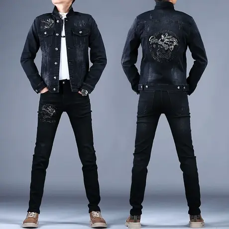 秋季黑色刺绣烫钻牛仔外套男2023新款休闲牛仔套装男夹克上衣修身图片