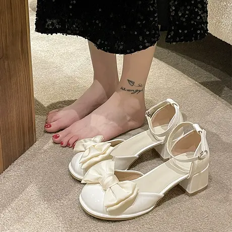 日系jk甜美单鞋女2023年夏季粗跟仙女风法式玛丽珍鞋蝴蝶结高跟鞋图片