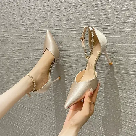 法式一字带高跟鞋女2023年夏季新款中空细跟单鞋时尚气质尖头凉鞋商品大图