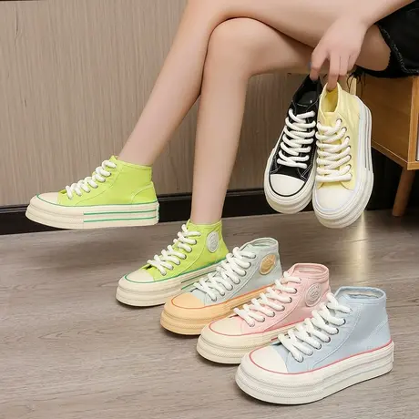 厚底高帮帆布鞋女夏秋2023新款小众休闲鞋百搭chic多巴胺板鞋子女图片