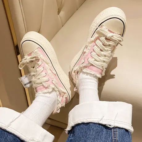 2023新款透气小香风帆布鞋女百搭编织厚底增高小白鞋女鞋子ins潮商品大图