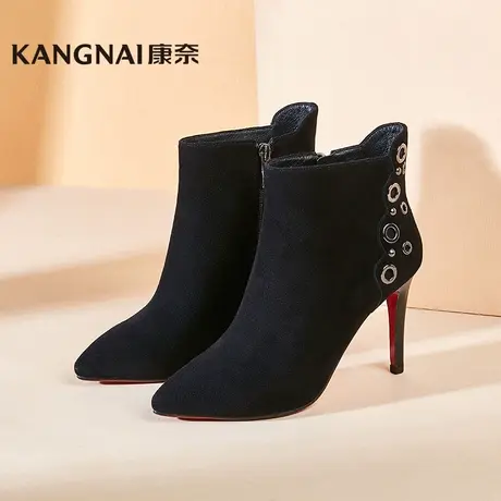 清仓康奈官方女鞋羊反绒短筒靴子女士职场欧美时尚细高跟靴瘦瘦靴商品大图