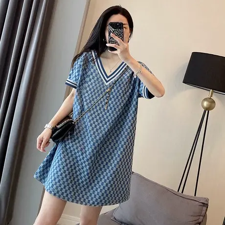 大码夏装胖mm欧洲站V领格子连衣裙女中长款宽松短袖t恤裙子200斤商品大图