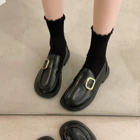 乐福鞋女2024年春秋季新款黑色小皮鞋女英伦风一脚蹬豆豆鞋单鞋女商品大图