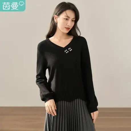 【商场同款】茵曼冬女装新款休闲V领盘扣宽松长袖毛衣上衣商品大图