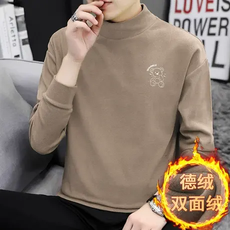 小熊卫衣男秋冬款半高领宽松潮流百搭双面绒德绒无帽中领长袖t恤图片