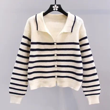 条纹polo领毛衣外套女秋冬2023新款宽松高级感休闲短款针织开衫商品大图