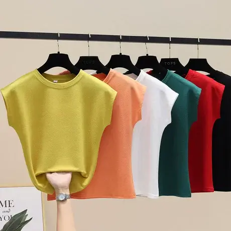 欧货短袖T恤女2023夏装新款韩版宽松百搭无袖体恤丝光棉上衣ins潮商品大图