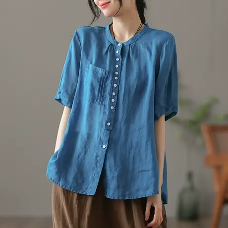 dza 文艺复古短款棉麻上衣女士夏季短袖衬衣气质薄款白色苎麻衬衫图片