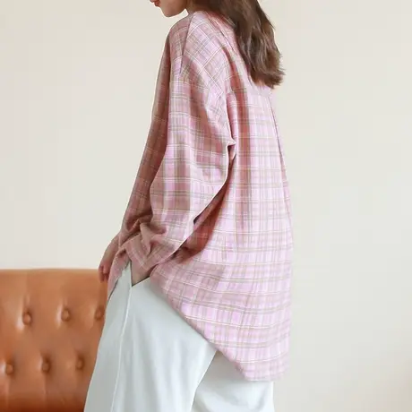 胖妹妹春装宽松显瘦棉质格纹衬衫 加大码2023新款粉色格子上衣女商品大图