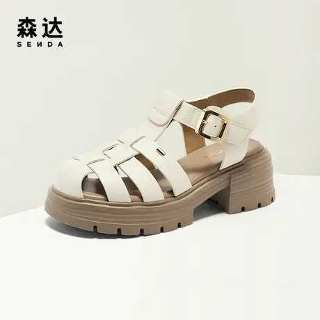 森达罗马凉鞋女鞋夏商场同款复古粗跟洞洞猪笼鞋XAX01BL4图片