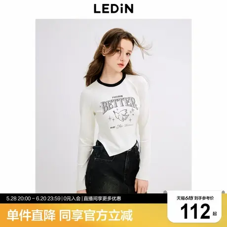 乐町韩系学院风秋季新款不规则下摆设计飞鸽字母印花长袖T恤商品大图