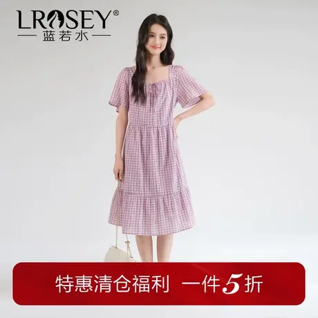 【清仓直降】大码女装高腰方领格纹a字裙胖mm夏装遮肚子连衣裙商品大图