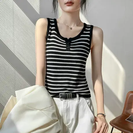 纽扣条纹针织吊带背心女2025夏季新款衬衫内搭修身显瘦别致上衣女商品大图
