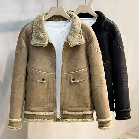 秋冬季皮衣男皮衣棉服皮毛一体加绒翻领皮夹克仿羊羔绒男士外套商品大图