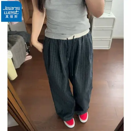 NR真维斯女装松紧腰格子休闲裤夏季新款复古慵懒百搭休闲阔腿长裤商品大图