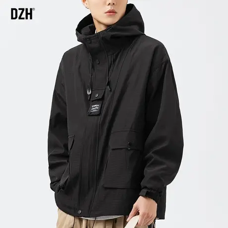 男士黑色工装外套男春秋款潮牌冲锋衣宽松连帽夹克男装2023年新款商品大图