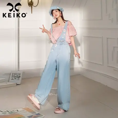 KEIKO 设计感背带牛仔裤女夏日多巴胺穿搭减龄显瘦宽松阔腿拖地裤商品大图