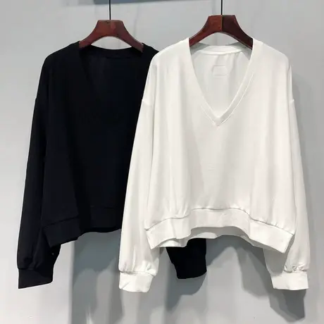 2023秋装 韩国ulzzang新款纯色V领宽松韩范蝙蝠袖短款卫衣上衣女商品大图