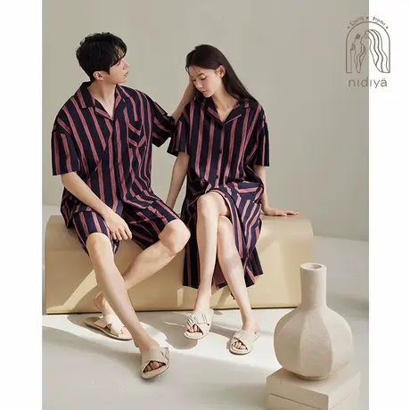 妮狄娅2024夏季情侣睡衣睡裙女纯棉中长裙男翻领开衫款家居服套装商品大图