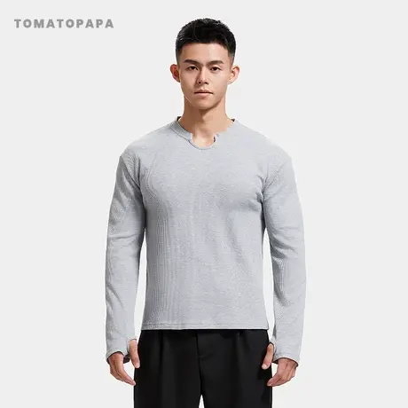 TOMATOPAPA秋季新款长袖t恤纯色百搭打底衫套头内搭体恤训练上衣商品大图