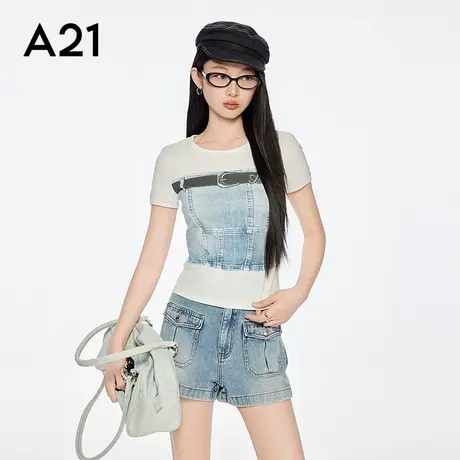 A21女装牛仔印花圆领短袖T恤简约设计感撞色修身上衣商品大图