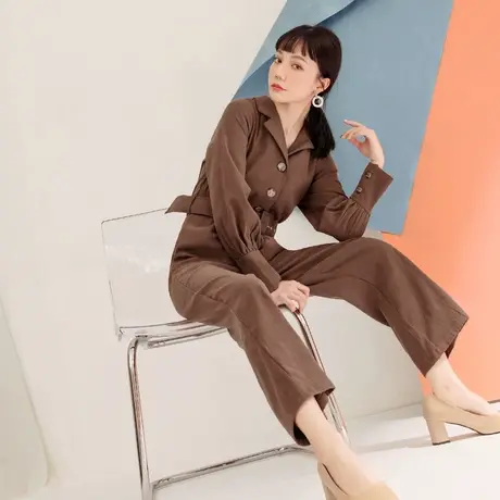 桔熊秋冬通勤西装领连体裤子女士宽松时尚连身长裤大码BA6003图片