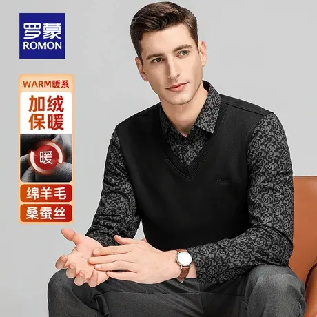 【含羊毛+桑蚕丝】罗蒙男士加绒假两件针织衫2025冬季新款毛线衣商品大图